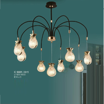 SN - C 5881/8+1:  Đèn chùm thả 9 bóng chao thủy tinh - KT: Ø920mm x H800mm - Đèn E27 x 9 bóng