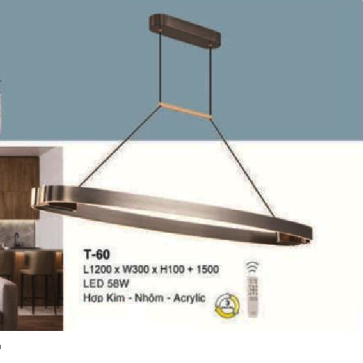 E - T - 60: Đèn thả 1 vòng LED - KT: L1200mm xW300mm x  H100mm ( chiếu cao thanh LED)  x H1500mm - Đèn LED 58W - Ánh sáng đổi 3 màu