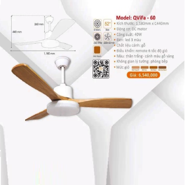 QViFa - 60: Quạt trần đèn 3 cánh gỗ
