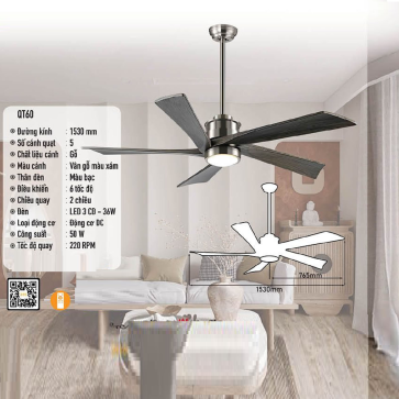 QT60: Quạt trần đèn 5 cánh gỗ