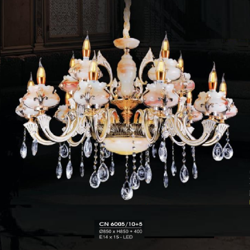 HF - CN 6005/15: Đèn chùm nến 15 tay - KT: Ø850mm x H850mm + 400mm - Đèn nến chân E14 x 15 bóng + Đèn LED