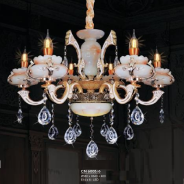 HF - CN 6005/6: Đèn chùm nến 6 tay - KT: Ø580mm x H640mm + 400mm - Đèn nến chân E14 x 6 bóng + Đèn LED