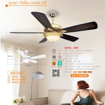 QViFa - 600: Quạt trần đèn 5 cánh gỗ