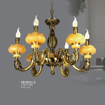 S - CĐ 6012/6: Đèn chùm đồng 6 tay, chao đá thiên nhiên - KT: Ø680mm  x H500mm - Đèn chân E14  x 6 bóng
