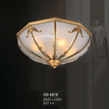 HF - OĐ 6015: Đèn ốp trần đồng chao thủy tinh - KT: Ø430mm x H200mm - Bóng đèn chân E27 x 4 bóng