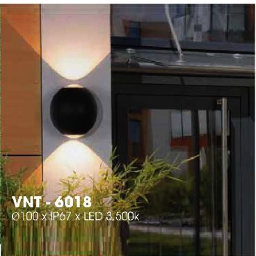 VNT - 6018: Đèn gắn tường ngoài trời - IP 67 -  KT: Ø100mm - Đèn LED ánh sáng vàng 3500K