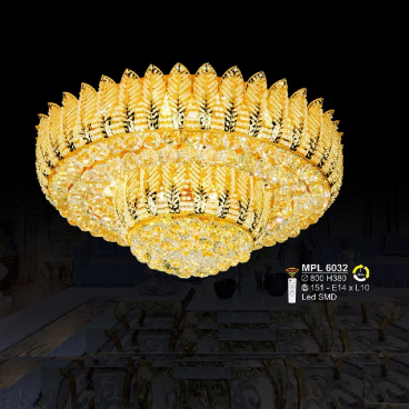 S - MPL 6032: Đèn áp trần Phale - KT: Ø800mm x H380mm - 151 hạt phale - Đèn LED + Đèn chân E14 x 10 bóng - Remote