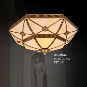 HF - OĐ 6038: Đèn ốp trần đồng chao thủy tinh - KT: Ø450mm x H200mm - Bóng đèn chân E27 x 4 bóng