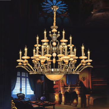 NC 6043/12+12+6:  Đèn chùm đồng 30 tay, chao đá - KT: Ø1200mm x H 1000mm + 600mm - Bóng đèn chân E14 x 30 bóng + E 27 x 3 bóng