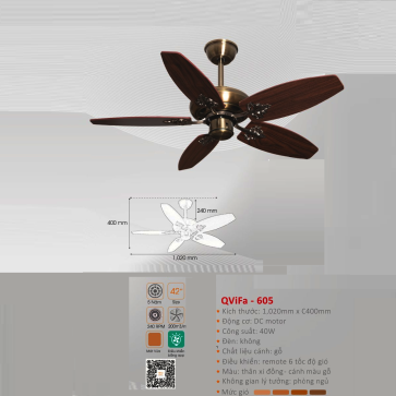 QVifa - 605: Quạt trần 5 cánh gỗ