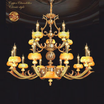 NC 6053/10+5: Đèn chùm đồng, chao đá 15 tay - KT: Ø1100mm x H900mm +500mm - Bóng đèn nến chân E14 x 15 bóng