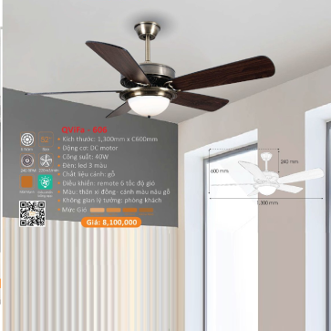 QViFa - 606: Quạt trần Đèn 5 cánh gỗ
