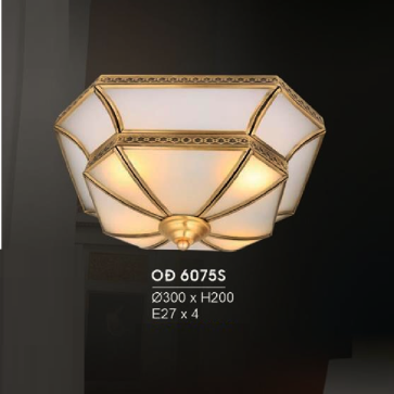 HF - OĐ 6075S: Đèn ốp trần đồng chao thủy tinh - KT: Ø300mm x H200mm - Bóng đèn chân E27 x 4 bóng