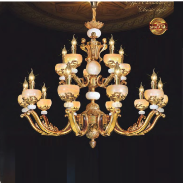 NC 6085/10+5: Đèn chùm đồng, chao đá 15 tay - KT: Ø1000mm x H850mm +500mm - Bóng đèn nến chân E14 x 15 bóng