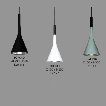 TCF61: Đèn thả đơn chóa hợp kim màu (Đen/Trắng/Xanh) - KT: Ø152mm x H350mm - Bóng đèn E27 x 1