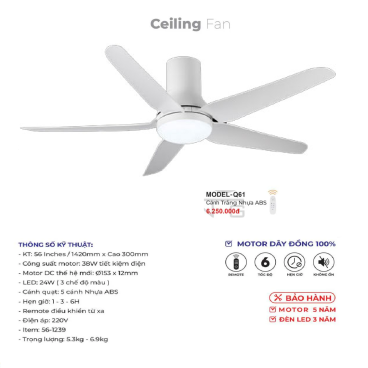 MODEL - Q.61: Quạt trần đèn 5 cánh nhựa ABS