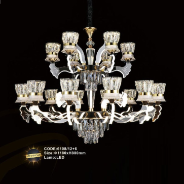 CODE: 6108/12+6: Đèn chùm LED 18 tay, chao thủy tinh/Phale - KT: Ø1180mm x H800mm - Đèn LED đổi 3 màu