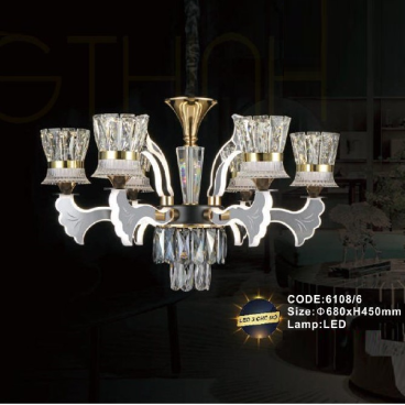 CODE: 6108/6: Đèn chùm LED 6 tay, chao thủy tinh/Phale - KT: Ø680mm x H450mm - Đèn LED đổi 3 màu
