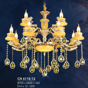 HF - CN 6118/12: Đèn chùm nến 12 tay, chao đá - KT: Ø700mm x H630mm + 400mm - Đèn nến chân E14 x 12 bóng + Đèn LED