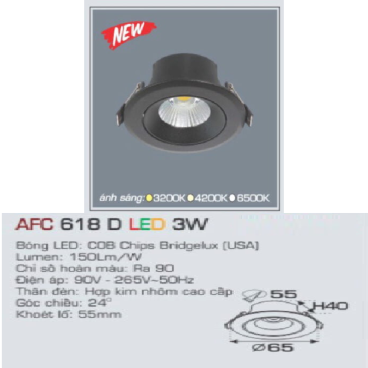 AFC 618D LED 3W: Đèn LED âm trần vỏ đen 3 W, 1 chế độ sáng ( vàng/trung tính/trắng)