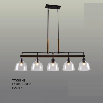TTK61N5: Đèn thả ngang 5 bóng, chao thủy tinh - KT: L1200mm x H900mm - Bóng đèn E27 x 5 bóng