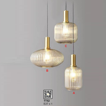 TT52A: Đèn thả đơn chao thủy tinh màu trà - KT: Ø140mm x H200mm - Bóng đèn E27 x 1