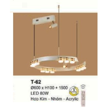 E - T - 62: Đèn thả 1 vòng LED - KT: Ø600mm x  H100mm ( chiếu cao thanh LED)  x H1500mm - Đèn LED 80W - Ánh sáng đổi 3 màu