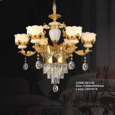 CODE: 6211/6: Đèn chùm 6 tay chao thủy tinh - KT: Ø650mm x H550mm - Bóng đèn E14 x 6 bóng + Đèn LED