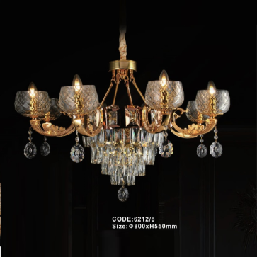 CODE: 6212/8: Đèn chùm 8 tay, chao thuỷ tinh - KT: Ø800mm x H550mm - Bóng đèn E14 x 8 bóng + Đèn LED chao đáy