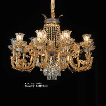 CODE: 6213/15: Đèn chùm Phale nến 15 tay, chao thủy tinh - KT: Ø910mm x H600mm - Bóng đèn E14 x 15 bóng + Đèn LED