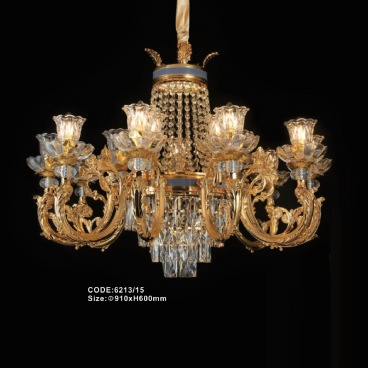 CODE: 6213/15: Đèn chùm Phale nến 15 tay, chao thủy tinh - KT: Ø910mm x H600mm - Bóng đèn E14 x 15 bóng + Đèn LED