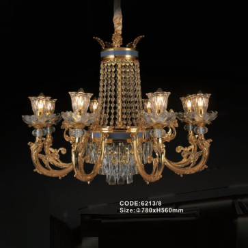 CODE: 6213/8: Đèn chùm Phale nến 6 tay, chao thủy tinh - KT: Ø780mm x H560mm - Bóng đèn E14 x 8 bóng + Đèn LED