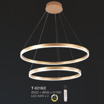 E -T- 6215/2: Đèn thả 2 vòng LED - KT: Ø(400+600)mm x H1500mm - Đèn LED 64Wx2 - Ánh sáng đổi 3 màu - Remote
