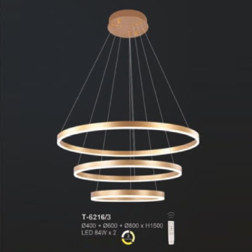 E -T- 6216/3: Đèn thả 3 vòng LED - KT: Ø(400+600 +800)mm x H1500mm - Đèn LED 84Wx2 - Ánh sáng đổi 3 màu - Remote