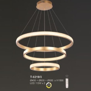 E -T- 6219/3: Đèn thả 3 vòng LED - KT: Ø(400+600 +800)mm x H1500mm - Đèn LED 113W x 2 - Ánh sáng đổi 3 màu - Remote