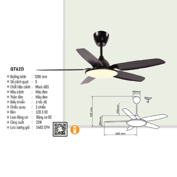 QT62D: Quạt trần đèn LED 5 cánh nhựa