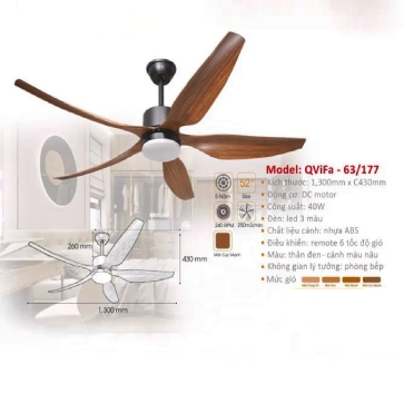 QViFa - 63/177: Quạt trần đèn 5 cánh nhựa