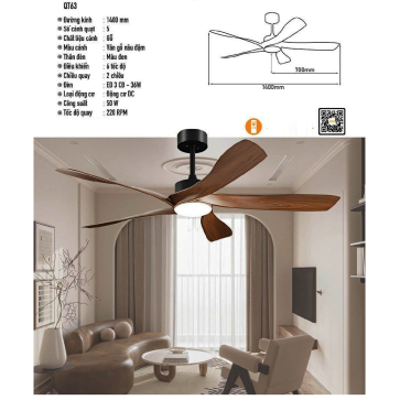 QT63: Quạt trần đèn LED 5 cánh gỗ