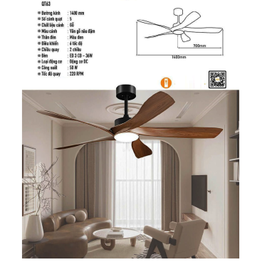 QT63: Quạt trần đèn LED 5 cánh gỗ