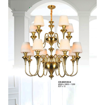 A - CH - 6331/8 +4: Đèn chùm 12 tay chao thủy tinh - KT: Ø860mm x H800mm +1200mm - Bóng đèn E27 x 12 bóng