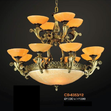 VER - CĐ - 6353/12: Đèn chùm đồng 12 tay, chao đá - KT: Ø1000mm x H1000mm - Bóng đèn chân E 14 x 12 bóng+ E27 x 3 bóng