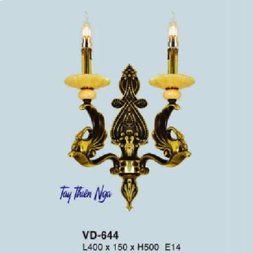 E - VD - 644: Đèn vách đồng đôi chén đá, tay đèn đúc hình thiên nga - KT: L400mm x W150mm x H500mm - Đèn chân E14 x 2 bóng