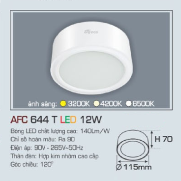 AFC 644 T LED 12W: Đèn lon gắn nổi  LED 12W, 1 chế độ ánh sáng ( vàng/trung tính/trắng)