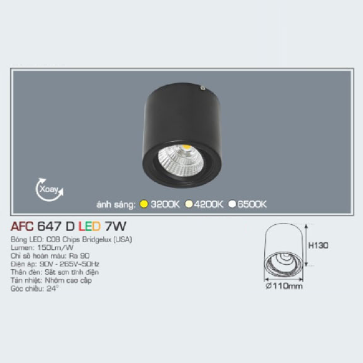 AFC 647D LED 7W: Đèn lon LED chiếu điểm gắn nổi 7W,  1 chế độ ánh sáng (vàng/trung tính/trắng)