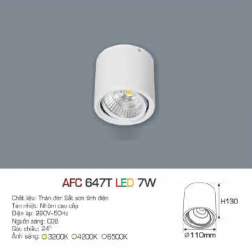AFC 647 T LED 7W: Đèn lon LED chiếu điểm gắn nổi  7W - KT: Ø110mm x H130mm - Ánh sáng Trắng/vàng/Trung tính