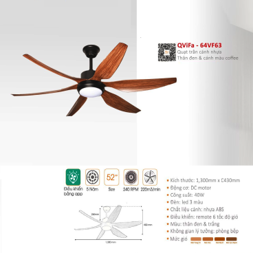 QVifa - 64VF63: Quạt trần  đèn LED 6 cánh nhựa ABS