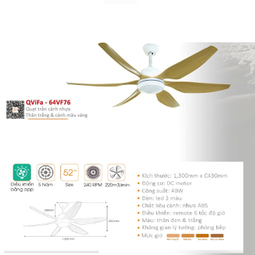 QVifa - 64VF76:  Quạt trần  đèn LED 6 cánh nhựa ABS