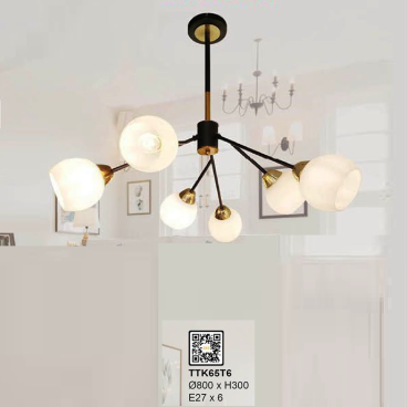 TTK65T6: Đẻn chùm thả 6 bóng chao thủy tinh - KT:  Ø800mm x H300mm - Bóng đèn E27 x 6 bóng