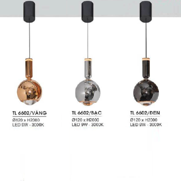 HF - TL 6602/vàng: Đèn thả đơn LED ( chao màu vàng/bạc/đen) - KT: Ø120mm x H2000mm - Đèn LED 9W ánh sáng vàng 3000K