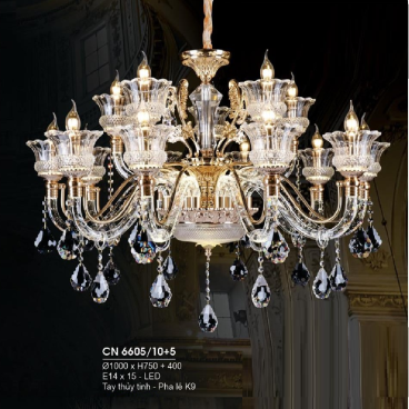 HF - CN 6605/10+5: Đèn chùm 15 tay - KT: Ø1000mm x H750mm + 400mm - Bóng đèn E14 x 15 bóng + Đèn LED